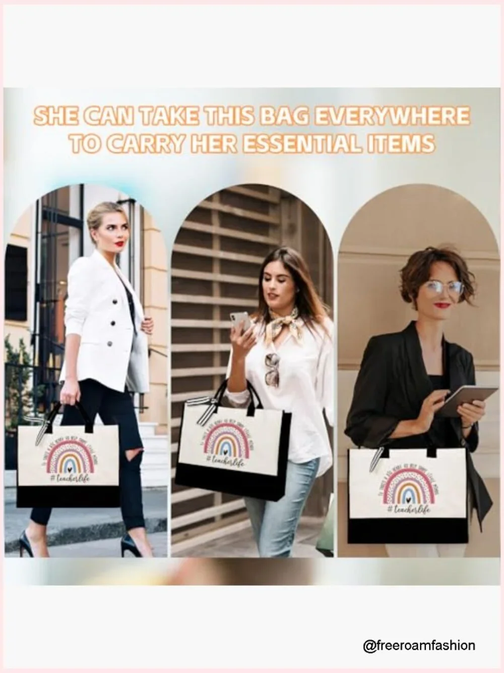 Large Canvas Tote Bag with Zipper Pocket Adjustable Strap Teacher Gift